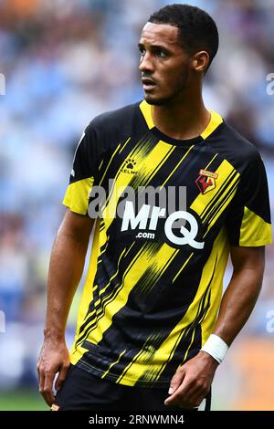 Tom Ince (7 Watford) guarda durante lo Sky Bet Championship match tra Coventry City e Watford alla Coventry Building Society Arena di Coventry sabato 2 settembre 2023. (Foto: Kevin Hodgson | mi News) crediti: MI News & Sport /Alamy Live News Foto Stock
