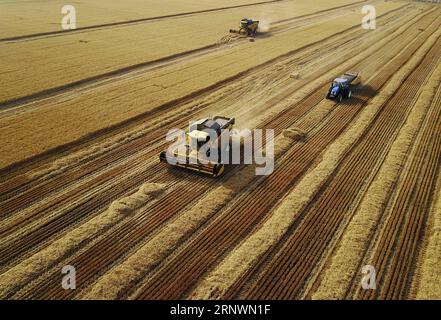 (171226) -- PECHINO, 26 dicembre 2017 -- i raccoglitori raccolgono il grano nei campi della contea di Xunxian, provincia di Henan, Cina centrale, 6 giugno 2017. Dal luogo di notizie alla vita quotidiana, possiamo vederci in modo diverso attraverso la visione speciale dei droni dei reporter di Xinhua.) (lx) CHINA-AERIAL PHOTO-VIEW(CN) LixAn PUBLICATIONxNOTxINxCHN Foto Stock