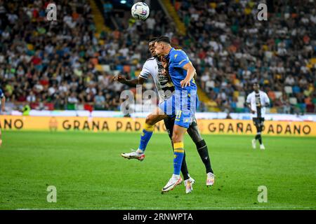 Udine, Italia. 2 settembre 2023. Header di Marvin Cuni di Frosinone durante la partita Udinese calcio vs Frosinone calcio, serie A di calcio a Udine, Italia, 02 settembre 2023 crediti: Agenzia fotografica indipendente/Alamy Live News Foto Stock