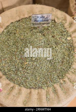 Marrakech, Marocco - 8 febbraio 2023: Marjoram essiccato. Museo delle arti culinarie marocchine Foto Stock