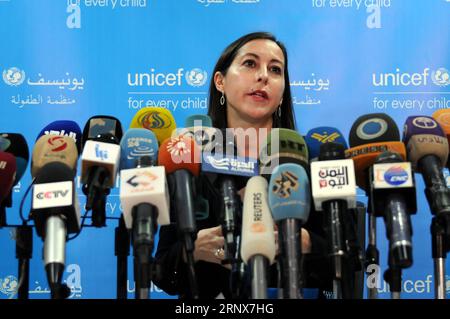 (180116) -- SANAA, 16 gennaio 2018 -- Meritxell Relano, rappresentante dell'UNICEF nello Yemen, parla durante una conferenza stampa presso l'ufficio dell'UNICEF a Sanaa, Yemen, il 16 gennaio 2018. Più di 3 milioni di bambini sono nati in Yemen da quando il conflitto si è intensificato nel marzo 2015, e da allora hanno affrontato violenza, sfollamenti, malattie, povertà, sottoalimentazione per non parlare della mancanza di accesso all'acqua, assistenza sanitaria e istruzione, secondo un rapporto dell'UNICEF pubblicato martedì. ) YEMEN-SANAA-UNICEF-RAPPRESENTANTE-BAMBINI-PROTEGGERE MOHAMMEDXMOHAMMED PUBLICATIONXNOTXINXCHN Foto Stock