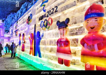 (180119) -- PECHINO, 19 gennaio 2018 -- i turisti visitano il muro della lanterna di ghiaccio del tema dei Giochi Olimpici invernali a Longqingxia del distretto di Yanqing a Pechino, capitale della Cina, 19 gennaio 2018. Il 32° Longqingxia Ice Lantern Festival è iniziato venerdì nel quartiere Yanqing di Pechino, una delle sedi dei Giochi Olimpici invernali del 2022. (lx) CHINA-BEIJING-ICE LANTERN FESTIVAL (CN) LixXin PUBLICATIONxNOTxINxCHN Foto Stock