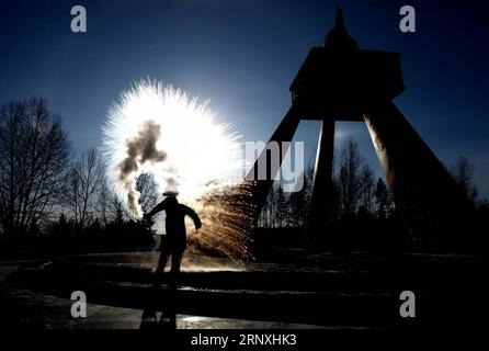 (180131) -- MOHE, 31 gennaio 2018 -- i turisti giocano nel villaggio Beiji della contea di Mohe, nella provincia di Heilongjiang nella Cina nordorientale, il 28 gennaio 2018. Beiji Village è il villaggio più a nord della Cina. ) (dhf) CHINA-HEILONGJIANG-MOHE-BEIJI VILLAGE-LANDSCAPE (CN) WangxKai PUBLICATIONxNOTxINxCHN Foto Stock