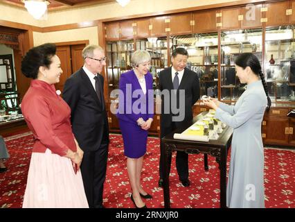 (180201) -- PECHINO, 1 febbraio 2018 -- il presidente cinese Xi Jinping (2nd R) e sua moglie Peng Liyuan (1st L), e in visita al primo ministro britannico Theresa May e a suo marito Philip May, prendono un tè pomeridiano a Pechino, capitale della Cina, 1 febbraio 2018. ) (DHF) CHINA-BEIJING-XI JINPING-BRITISH PM-AFTERNOON TEA (CN) DINGXLIN PUBLICATIONXNOTXINXCHN Foto Stock