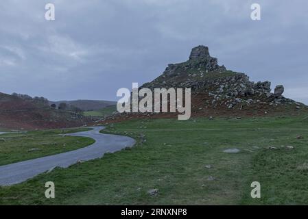 Affioramenti rocciosi con felce morte contro un cielo grigio d'inverno che guarda lungo la Valle delle rocce Foto Stock