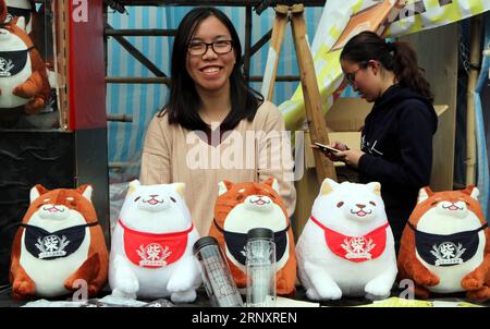 (180211) -- HONG KONG, 11 febbraio 2018 -- foto scattata il 10 febbraio 2018 mostra un venditore che presenta ornamenti di Capodanno dell'anno del cane alla fiera del Capodanno lunare del 2018 al Victoria Park, nel sud della Cina, a Hong Kong. La fiera di sette giorni che è iniziata sabato attira un gran numero di persone da visitare. ) (ly) CHINA-HONG KONG-LUNAR NEW YEAR FESTIVAL-FAIR LixPeng PUBLICATIONxNOTxINxCHN Foto Stock