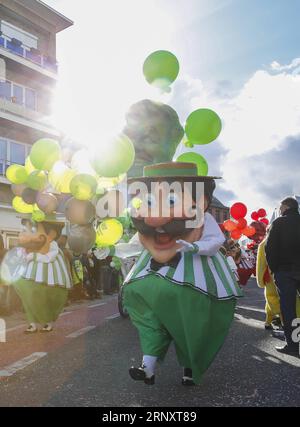 (180211) -- BRUXELLES, 11 febbraio 2018 -- i festaioli partecipano alla 90a sfilata di carnevale ad Aalst, a circa 30 chilometri a nord-ovest da Bruxelles, capitale del Belgio, l'11 febbraio 2018. Migliaia di festaioli hanno partecipato all'annuale Carnevale di Aalst di domenica, che è stato iscritto nella Lista rappresentativa del patrimonio culturale immateriale dell'umanità dall'UNESCO nel 2010. ) BELGIUM-AALST-CARNIVAL-PARADE YexPingfan PUBLICATIONxNOTxINxCHN Foto Stock