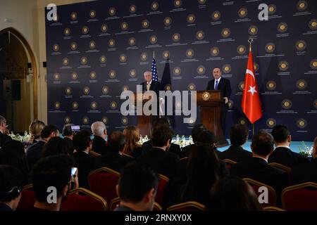 (180216) -- ANKARA, 16 febbraio 2018 -- il Segretario di Stato americano Rex Tillerson (L, REAR) e il Ministro degli Esteri turco Mevlut Cavusoglu (R, REAR) partecipano a una conferenza stampa congiunta ad Ankara, Turchia, il 16 febbraio 2018. La Turchia e gli Stati Uniti hanno accettato di superare le loro differenze sulla Siria durante una visita critica del Segretario di Stato Rex Tillerson ad Ankara in mezzo alle tensioni tra gli alleati della NATO, ma gli esperti hanno detto che non esistono soluzioni miracolose per risolvere rapidamente i legami tesi. ) TURKEY-ANKARA-U.S.-SECRETARY OF STATE-TILLERSON-VISIT MUSTAFAXKAYA PUBLICATIONXNOTXINXCHN Foto Stock