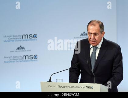 (180217) -- MONACO DI BAVIERA, 17 febbraio 2018 -- il ministro degli Esteri russo Sergey Lavrov interviene durante la 54a Conferenza sulla sicurezza di Monaco (MSC) a Monaco di Baviera, in Germania, il 17 febbraio 2018. )(cd) GERMANY-MUNICH-MSC-SERGEY LAVROV LuoxHuanhuan PUBLICATIONxNOTxINxCHN Foto Stock