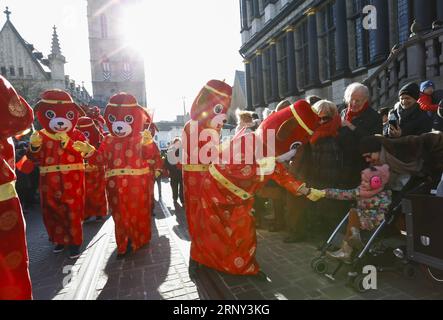 (180225) -- GAND, 25 febbraio 2018 -- la gente guarda la parata del Capodanno cinese nel centro di Gand, in Belgio, il 24 febbraio 2018. La città belga di Gand, anche capitale della provincia delle Fiandre orientali, ha tenuto la sua prima sfilata su larga scala di 2018 sabato per celebrare il capodanno cinese. ) (Djj) PARATA DEL CAPODANNO BELGA-GAND-CINESE YexPingfan PUBLICATIONxNOTxINxCHN Foto Stock