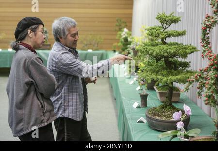 (180401) -- VANCOUVER, 1 aprile 2018 -- le persone visitano la Spring Bonsai and Flower Exhibition a Vancouver, Canada, 1 aprile 2018. Gli artisti locali del Bonsai hanno esposto circa 100 opere di bonsai all'annuale Mostra di primavera del Bonsai e dei fiori, un evento di due giorni che ha attirato gli appassionati di bonsai a visitare le opere del bonsai e a scambiare le loro abilità. ) CANADA-VANCOUVER-BONSAI E MOSTRA DI FIORI LIANGXSEN PUBLICATIONXNOTXINXCHN Foto Stock