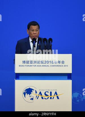 (180410) -- BOAO, 10 aprile 2018 -- il presidente filippino Rodrigo Duterte prende parte alla cerimonia di apertura della Conferenza annuale del Forum di Boao per l'Asia 2018 a Boao, nella provincia di Hainan, nella Cina meridionale, il 10 aprile 2018. ) (Wyl) CHINA-BOAO FORUM FOR ASIA-OPENING CEREMONY (CN) ZhaoxYingquan PUBLICATIONxNOTxINxCHN Foto Stock