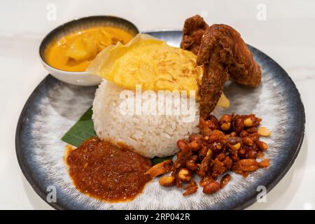 Il cibo asiatico Nasi Lemak è un piatto di riso infuso con latte di cocco. Servito con sambal, ala di pollo fritta, arachidi fritta, uovo fritto con salsa al curry. Foto Stock