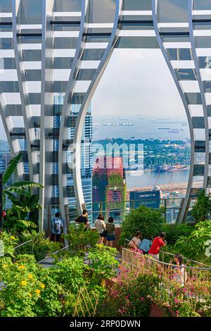 Viste sul CBD verso lo stretto di Singapore dal giardino pensile al 51° piano dell'edificio CapitaSpring progettato in stile biofilico a Singapore Foto Stock