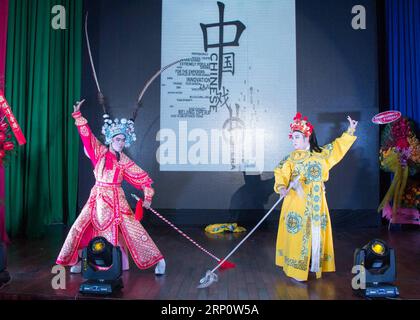 (180526) -- HO CHI MINH CITY, 26 maggio 2018 -- le Thanh Huy (L) dell'Università di Pedagogia di ho chi Minh City, vincitore del secondo posto, si esibisce durante il round finale del Vietnam del Sud del diciassettesimo ponte cinese a ho chi Minh City, Vietnam, 25 maggio 2018. Tran Thao Trinh, studente del terzo anno presso la Facoltà di studi Orientali dell'Università di Scienze sociali e Umanità di ho chi Minh, venerdì ha vinto il round finale del Vietnam del Sud del 17th Chinese Bridge, il concorso annuale di competenza cinese per studenti universitari stranieri. ) (GJ) VIETNAM-HO CHI MINH CITY-CHINESE BRIDG Foto Stock