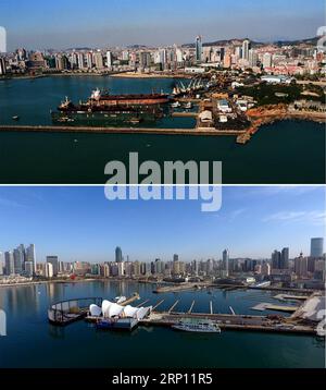 (180604) -- QINGDAO, 4 giugno 2018 -- le foto combinate mostrano vedute aeree dell'Olympic Sailing Center, che un tempo era un cantiere navale, a Qingdao, nella provincia orientale dello Shandong della Cina, scattate rispettivamente nel 2000 (in alto) e il 16 aprile 2018. Lo sviluppo della città costiera può essere visto dalle foto del file di Qingdao scattate dal fotografo Zhang Yan su un elicottero dal 1996 e le nuove scattate dai droni. Qingdao, come una delle prime città cinesi ad aprirsi, fu un importante porto per la cintura e la strada, e la gente poteva percepire l'ampia e profonda cultura locale e la vitalità della riforma cinese Foto Stock