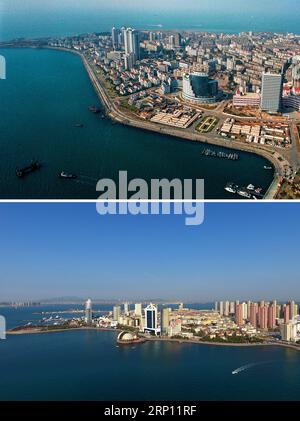 (180604) -- QINGDAO, 4 giugno 2018 -- le foto combinate mostrano vedute aeree di Tuandao a Qingdao, nella provincia dello Shandong della Cina orientale, scattate rispettivamente nel 1996 (in alto) e il 4 maggio 2018. Lo sviluppo della città costiera può essere visto dalle foto del file di Qingdao scattate dal fotografo Zhang Yan su un elicottero dal 1996 e le nuove scattate dai droni. Qingdao, come una delle prime città cinesi ad aprirsi, era un importante porto per la cintura e la strada, e la gente poteva percepire l'ampia e profonda cultura locale e la vitalità della riforma e dell'apertura della Cina. (MP) CHINA-QINGDAO-VISTA AEREA Foto Stock