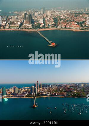 (180604) -- QINGDAO, 4 giugno 2018 -- le foto combinate mostrano vedute aeree del molo di Zhanqiao a Qingdao, nella provincia dello Shandong della Cina orientale, scattate rispettivamente nel 1996 (in alto) e il 4 maggio 2018. Lo sviluppo della città costiera può essere visto dalle foto del file di Qingdao scattate dal fotografo Zhang Yan su un elicottero dal 1996 e le nuove scattate dai droni. Qingdao, come una delle prime città cinesi ad aprirsi, era un importante porto per la cintura e la strada, e la gente poteva percepire l'ampia e profonda cultura locale e la vitalità della riforma e dell'apertura della Cina. (MP) CHINA-QINGDAO-AERIA Foto Stock