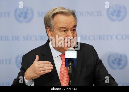 (180611) -- NAZIONI UNITE, 11 giugno 2018 -- il Segretario generale delle Nazioni Unite Antonio Guterres interviene durante un incontro stampa presso la sede delle Nazioni Unite a New York, l'11 giugno 2018. Il Segretario generale delle Nazioni Unite Antonio Guterres lunedì ha lodato i leader della Repubblica Popolare Democratica di Corea (RPDC) e degli Stati Uniti per aver perseguito una soluzione diplomatica, ore prima del loro vertice a Singapore. UN-ANTONIO GUTERRES-PRESS ENCOUNTER-DPRK-U.S.-SUMMIT LIXMUZI PUBLICATIONXNOTXINXCHN Foto Stock