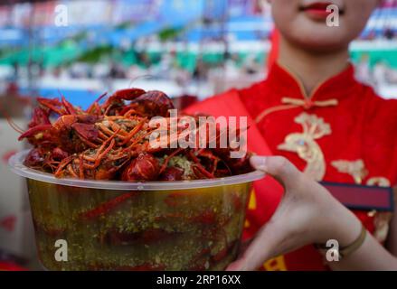 (180613) -- XUYI, 13 giugno 2018 -- Un venditore espone una ciotola di gamberi durante un enorme banchetto di gamberi a Xuyi, nella provincia di Jiangsu della Cina orientale, 13 giugno 2018. Più di 50.000 residenti e turisti hanno partecipato alla festa qui mercoledì. Le industrie legate al gambero in Cina hanno visto una forte crescita lo scorso anno, mentre la produzione totale è salita del 83,15% a 268,5 miliardi di yuan (42 miliardi di dollari USA) nel 2017, ha dichiarato un rapporto pubblicato martedì. L'anno scorso sono state raccolte 1,13 milioni di tonnellate di gamberi, con le province di Hubei, Anhui, Hunan, Jiangsu e Jiangxi come maggiori produttori. (Lb) CINA- Foto Stock