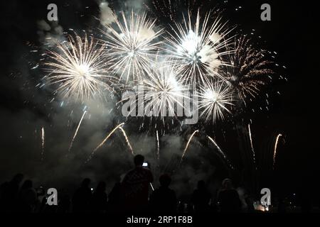 (180702) -- ZAGABRIA, 2 luglio 2018 -- i fuochi d'artificio illuminano il cielo durante il 18° Festival internazionale dei fuochi d'artificio al lago Bundek a Zagabria, Croazia, il 1° luglio 2018. ) (Jmmn) CROAZIA-ZAGABRIA-FUOCHI D'ARTIFICIO SanjinxStrukic PUBLICATIONxNOTxINxCHN Foto Stock