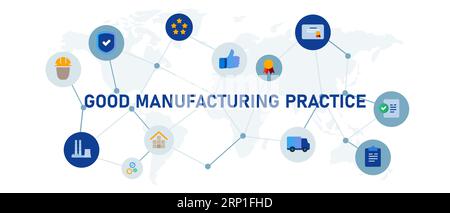 certificazione delle buone pratiche di fabbricazione i test di qualità dei prodotti garantiscono un'adeguata specifica di successo per l'attività industriale Illustrazione Vettoriale