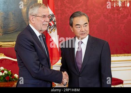 (180707) -- VIENNA, 7 luglio 2018 -- il presidente austriaco Alexander Van der Bellen (L) incontra il consigliere di Stato cinese in visita e il ministro degli Esteri Wang Yi a Vienna il 6 luglio 2018. ) (gj) AUSTRIA-VIENNA-CHINESE FM-MEETING GeorgesxSchneider PUBLICATIONxNOTxINxCHN Foto Stock