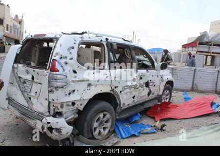 (180707) -- MOGADISCIO, 7 luglio 2018 -- foto scattata il 7 luglio 2018 mostra un veicolo distrutto sul luogo di un'esplosione a Mogadiscio, Somalia. Almeno 12 persone sono state uccise e 17 altre ferite in gemelle esplosioni nella capitale somala Mogadiscio sabato, ha detto la polizia. ) (wtc) SOMALIA-MOGADISCIO-BLASTS FaisalxIsse PUBLICATIONxNOTxINxCHN Foto Stock