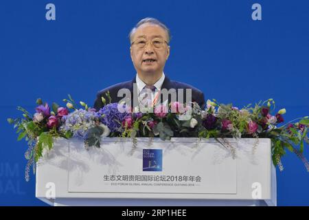 (180707) -- GUIYANG, 7 luglio 2018 -- Zhang Xinsheng, segretario generale dell'Eco Forum Global Annual Conference Guiyang e presidente dell'Unione Internazionale per la conservazione della natura, presiede la cerimonia di apertura della Eco Forum Global Annual Conference Guiyang 2018 tenutasi a Guiyang, capitale della provincia di Guizhou nel sud-ovest della Cina, il 7 luglio 2018. )(Ly) CHINA-GUIYANG-ECO FORUM-OPENING (CN) OuxDongqu PUBLICATIONxNOTxINxCHN Foto Stock