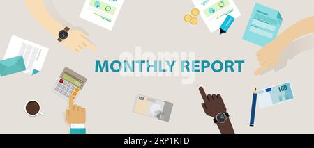 rapporto mensile che esamina le prestazioni analisi degli uffici aziendali dati di avanzamento informazioni informazioni utili crescita finanziaria Illustrazione Vettoriale