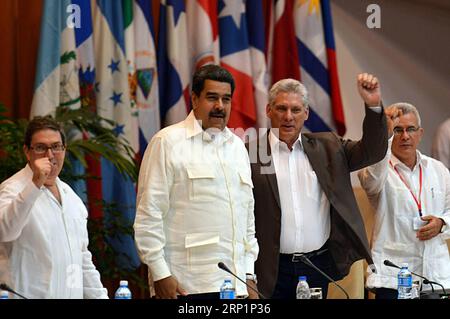 (180718) -- L'AVANA, 18 luglio 2018 -- il presidente cubano Miguel Diaz-Canel (2° R) e il presidente venezuelano Nicolas Maduro (2° L) reagiscono durante l'ultima giornata del Forum di San Paolo, tenutosi a Cuba il 17 luglio 2018. La riunione annuale del Forum di San Paolo mira a raccogliere consenso sulle azioni future per i partiti e le organizzazioni politici di sinistra in America Latina. ) (rtg) (ah) (Ly) CUBA-L'AVANA-SAN PAOLO FORUM STR PUBLICATIONxNOTxINxCHN Foto Stock