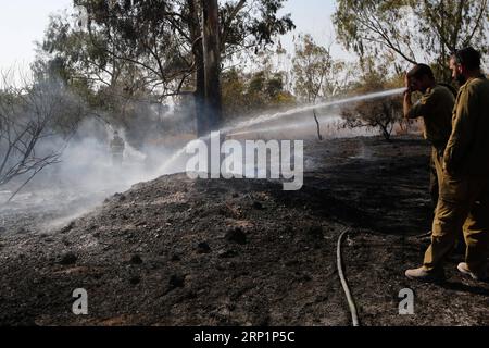 (180718) - NAHAL OZ, 18 luglio 2018 - i vigili del fuoco israeliani tentano di spegnere un incendio in un campo forestale vicino al Kibbutz di Nahal Oz, vicino alla barriera tra Israele e la Striscia di Gaza, il 17 luglio 2018. L'incendio è stato causato da materiale infiammabile attaccato a un pallone lanciato da manifestanti palestinesi dall'interno della Striscia di Gaza. (Qxy) MIDEAST-NAHAL OZ-FIRE GilxCohenxMagen PUBLICATIONxNOTxINxCHN Foto Stock