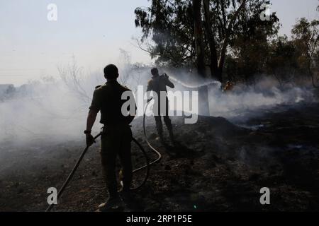 (180718) - NAHAL OZ, 18 luglio 2018 - i vigili del fuoco israeliani tentano di spegnere un incendio in un campo forestale vicino al Kibbutz di Nahal Oz, vicino alla barriera tra Israele e la Striscia di Gaza, il 17 luglio 2018. L'incendio è stato causato da materiale infiammabile attaccato a un pallone lanciato da manifestanti palestinesi dall'interno della Striscia di Gaza. (Qxy) MIDEAST-NAHAL OZ-FIRE GilxCohenxMagen PUBLICATIONxNOTxINxCHN Foto Stock