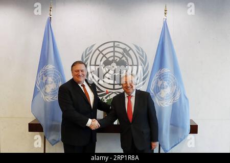 (180720) -- NAZIONI UNITE, 20 luglio 2018 -- il Segretario generale delle Nazioni Unite Antonio Guterres (R) incontra il Segretario di Stato americano Mike Pompeo, presso la sede delle Nazioni Unite a New York, 20 luglio 2018. ) UN-NEW YORK-U.S.-POMPEO-GUTERRES-MEETING LIXMUZI PUBLICATIONXNOTXINXCHN Foto Stock