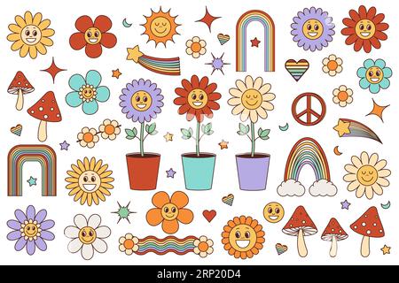 Set di elementi hippie groovy. Divertenti fiori e funghi arcobaleno in stile anni '1970. Confezione di adesivi in stile retro-psichedelico. Illustrazione vettoriale Illustrazione Vettoriale