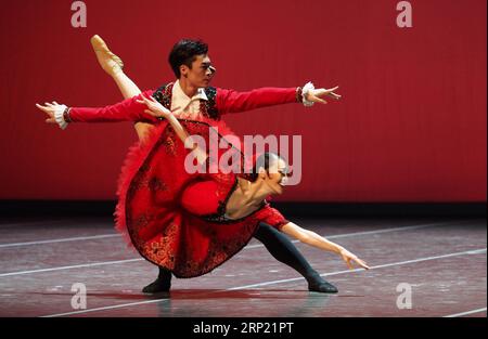 (180811) -- SHANGHAI, 11 agosto 2018 -- la concorrente cinese Ao Dingwen (in basso) si esibisce con il suo partner durante il Sesto Shanghai International Ballet Competition a Shanghai, Cina orientale, 11 agosto 2018. Il concorso si è chiuso qui sabato. ) (Zwx) CHINA-SHANGHAI-BALLET COMPETITION-CLOSING (CN) RenxLong PUBLICATIONxNOTxINxCHN Foto Stock