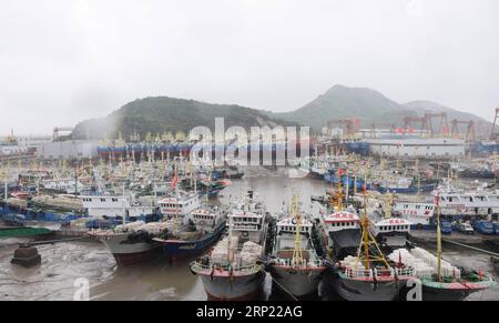 (180812) -- SHAOXING, 12 agosto 2018 -- foto scattata il 12 agosto 2018 mostra le navi ancorate al molo di Jiaoshan per riparo nella città di Wenling, nella provincia di Zhejiang nella Cina orientale. L'osservatorio nazionale cinese di domenica ha aggiornato l'allarme per il tifone Yagi da blu a giallo, poiché il tifone dovrebbe sbarcare nella regione costiera orientale domenica sera. ) CHINA-ZHEJIANG-TYPHOON YAGI-ALERT (CN) TAOXWENBIAO PUBLICATIONXNOTXINXCHN Foto Stock