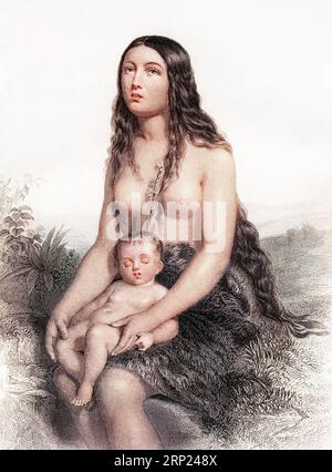 Eva con il suo primo figlio Caino. Donne della bibbia. Illustrazione colorata incisa del XIX secolo da Mugeres de la Biblia di Joaquin Roca y Cornet 1862 Foto Stock