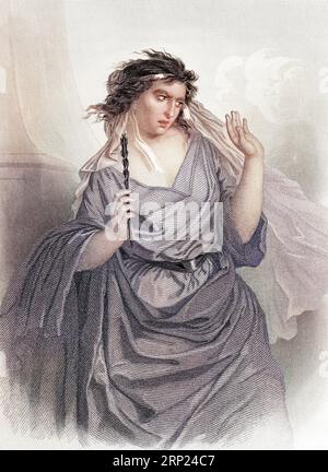 La Strega di Endor è una figura della Bibbia, primo libro di Samuele. Illustrazione colorata incisa del XIX secolo da Mugeres de la Biblia di Joaquin Roca y Cornet 1862 Foto Stock