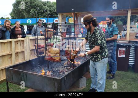 (180818) -- DUBLINO, 18 agosto 2018 () -- Un pitmaster prepara cibo al barbecue in un festival internazionale del barbecue a Dublino, Irlanda, 17 agosto 2018. Un festival internazionale del barbecue chiamato Big Grill ha aperto qui il giovedì. Si prevede che l'evento di quattro giorni attirerà oltre 20.000 visitatori. ()(zhf) IRLANDA-DUBLINO-INTERNATIONAL BBQ FESTIVAL Xinhua PUBLICATIONxNOTxINxCHN Foto Stock