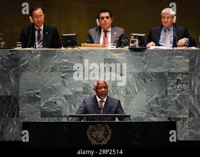 (180818) -- PECHINO, 18 agosto 2018 -- foto del file scattata il 7 giugno 2012 mostra poi l'inviato delle Nazioni Unite e della Lega Araba in Siria Kofi Annan che parla durante un incontro presso la sede delle Nazioni Unite a New York. L'ex Segretario generale delle Nazioni Unite e Premio Nobel per la pace Kofi Annan è deceduto all'età di 80 anni sabato, ha annunciato la Fondazione Kofi Annan con sede a Ginevra. ) (Qxy) un-KOFI ANNAN-PASS AWAY ShenxHong PUBLICATIONxNOTxINxCHN Foto Stock