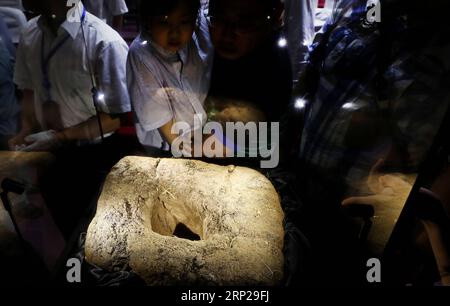 (180825) -- SHANGHAI, 25 agosto 2018 (Xinhua) -- i visitatori vedono un cratere meteoritico esposto in una conferenza stampa tenuta dal planetario di Shanghai nella Cina orientale a Shanghai, 25 agosto 2018. Sabato il planetario di Shanghai ha annunciato l'intenzione di ospitare meteoriti recuperati da una palla di fuoco meteorica avvenuta sopra il cielo nella città di Jinghong, nella provincia dello Yunnan nel sud-ovest della Cina, nel mese di giugno. Il planetario, in costruzione, sarà una filiale del Museo della Scienza e della tecnologia di Shanghai. Il personale del museo ha recuperato con successo più di 500 pezzi di meteoriti, circa 50 kg in totale, ha detto Lin Qing, Foto Stock