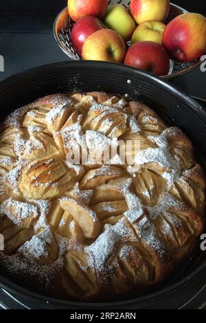 Vista della torta di spugna di mele fatta in casa in primo piano con torta di mele con pezzi di mele tagliati visibili cosparsi Foto Stock