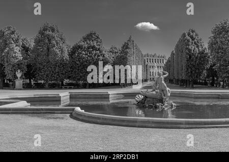 Fontana nel parco del palazzo e Palazzo Schoenbrunn, fotografia in bianco e nero, Vienna, Austria Foto Stock