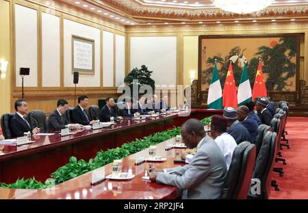 (180905) - PECHINO, 5 settembre 2018 - il presidente cinese Xi Jinping incontra il presidente nigeriano Muhammadu Buhari nella grande sala del popolo di Pechino, capitale della Cina, 5 settembre 2018. )(mp) CHINA-BEIJING-XI JINPING-NIGERIAN PRESIDENT-MEETING (CN) DingxLin PUBLICATIONxNOTxINxCHN Foto Stock