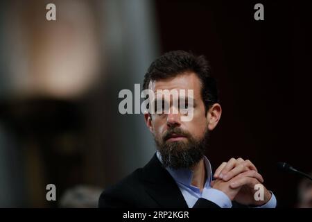 (180906) -- WASHINGTON D.C., 6 settembre 2018 -- il CEO di Twitter Jack Dorsey testimonia davanti al Senate Intelligence Committee on Capitol Hill a Washington D.C., negli Stati Uniti il 5 settembre 2018. ) U.S.-WASHINGTON D.C.-TWITTER-CEO-HEARING TINGXSHEN PUBLICATIONXNOTXINXCHN Foto Stock