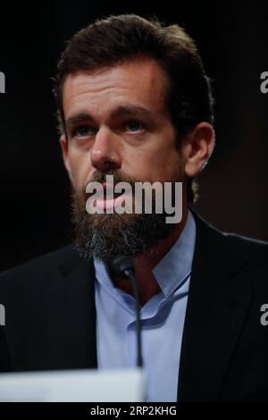 (180906) -- WASHINGTON D.C., 6 settembre 2018 -- il CEO di Twitter Jack Dorsey testimonia davanti al Senate Intelligence Committee on Capitol Hill a Washington D.C., negli Stati Uniti il 5 settembre 2018. ) U.S.-WASHINGTON D.C.-TWITTER-CEO-HEARING TINGXSHEN PUBLICATIONXNOTXINXCHN Foto Stock