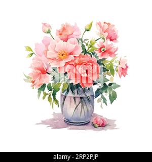 Bouqet di fiori d'acquerello in vaso. Progettare biglietti di auguri, biglietti di auguri, inviti, volantini, banner. Illustrazione Vettoriale