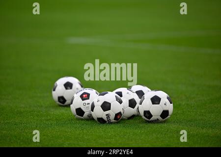 Le palline da partita dell'Adidas Derbystar si trovano sull'erba, Allianz Arena, Monaco, Baviera, Germania Foto Stock