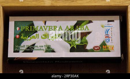 Chocolate bar, Primavera Araba, Primavera Araba, Museo del cioccolato, Modica, città barocca, angolo barocco, sud-est, Sicilia, Italia Foto Stock